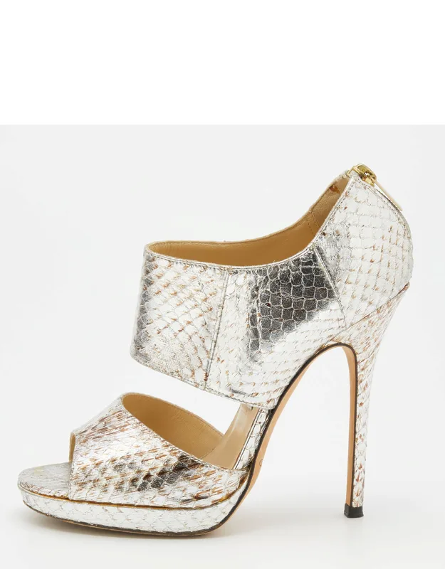 Metallic Silver Python Leather Open Toe Pumps