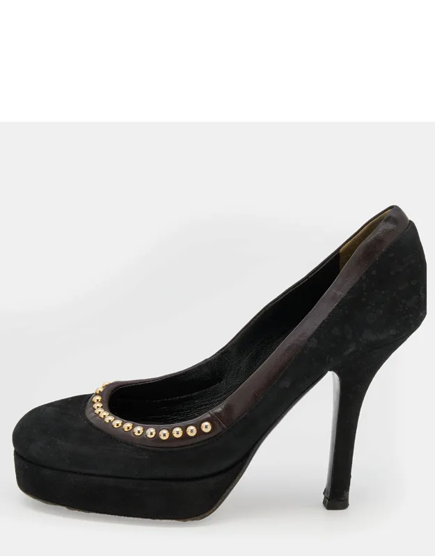 Suede And Leather Studded Platform Pumps