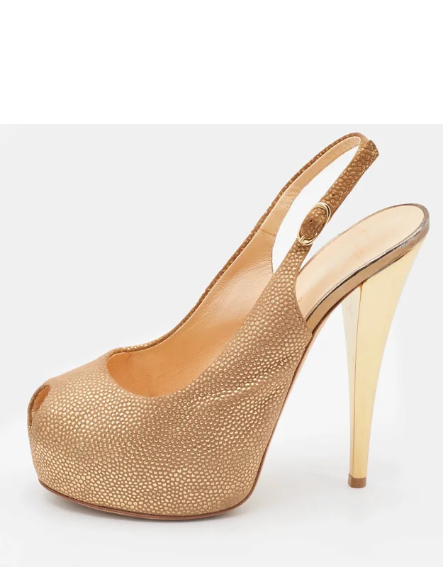 Metallic Gold Leather Peep Toe Platform Slingback Pumps