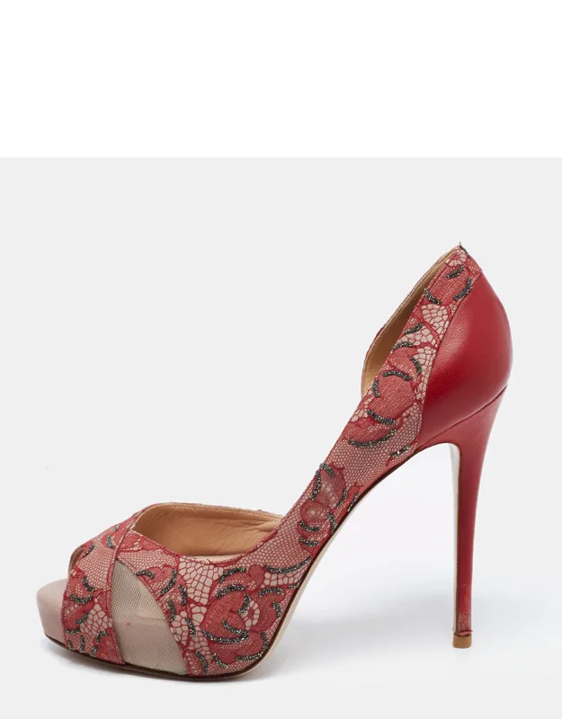 Two Tone Lace Mesh And Leather Peep Toe D'orsay Pumps