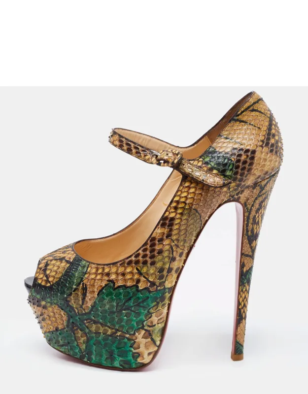 Multicolor Python Leather Highness Pumps With Peep Toe And Buckle Strap Closure
