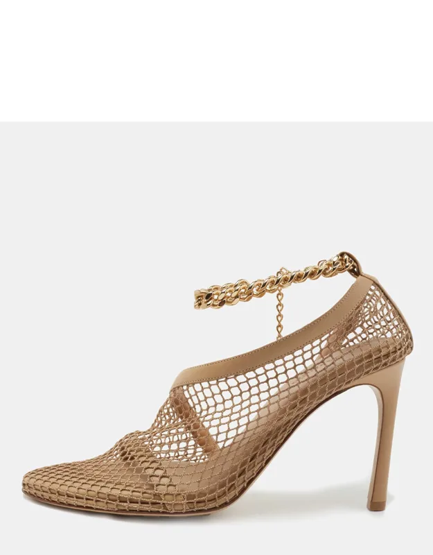Tan Mesh And Leather Ankle Chain D'orsay Pumps