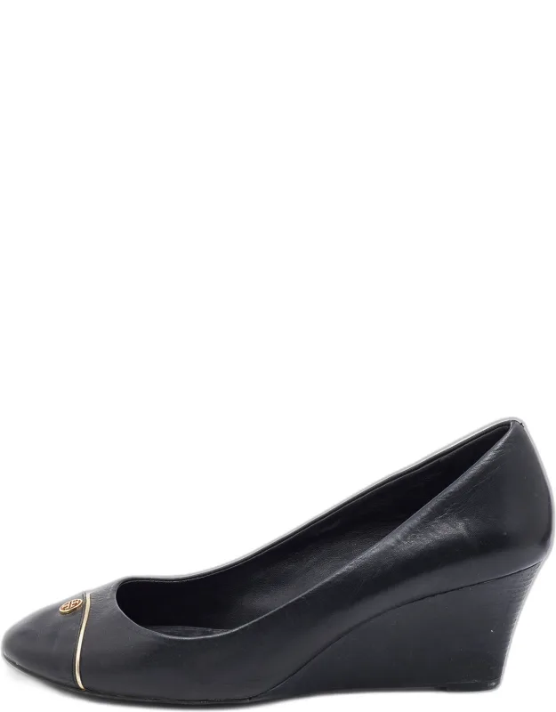 Leather Cap Toe Wedge Pumps