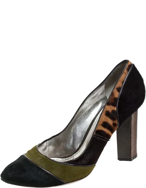 Multicolor Leopard Print Pony Hair Block Heel Pumps