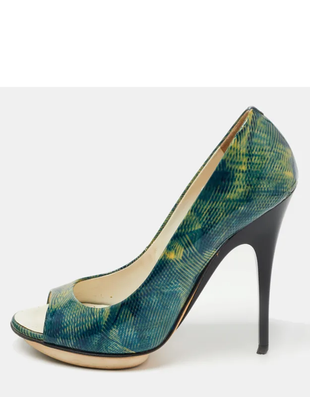Printed Patent Leather Peep Toe Pumps
