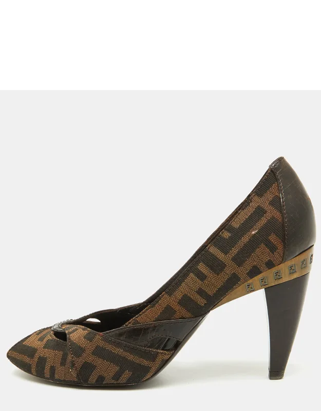 Tobacco Zucca Canvas And Leather Peep Toe Pumps