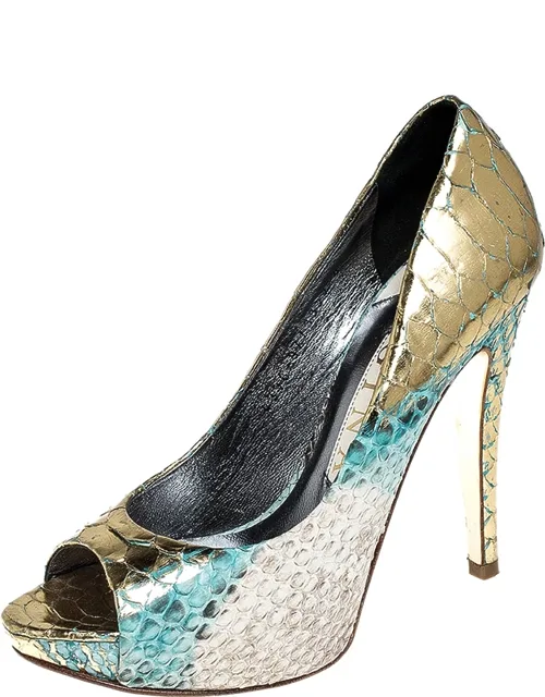 Multicolor Python Peep Toe Platform Pumps With Exotic Leather And Solid Platforms