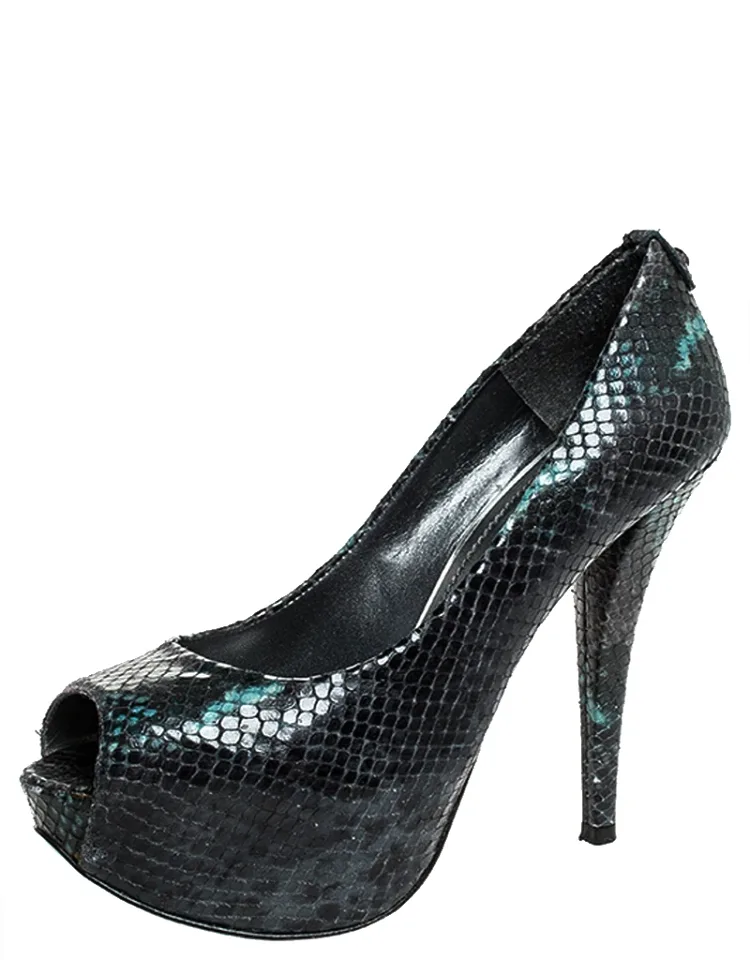Multicolor Python Embossed Leather Platform Peep Toe Pumps