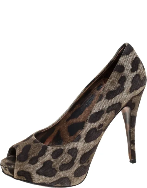 Leopard Print Canvas Peep Toe Platform Pumps