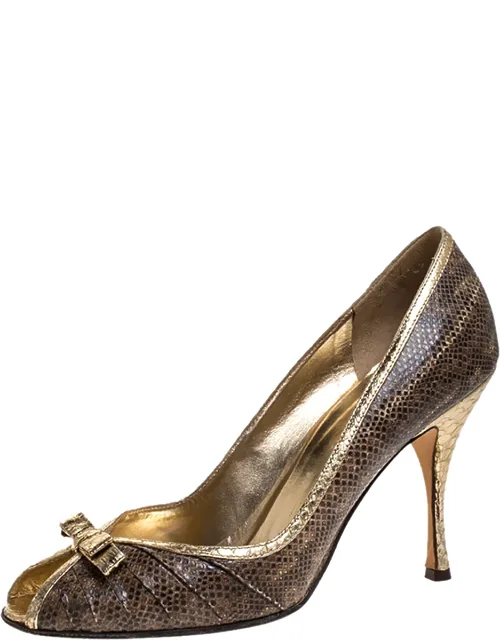 Gold Python And Brown Lizard Bow Peep Toe Pumps
