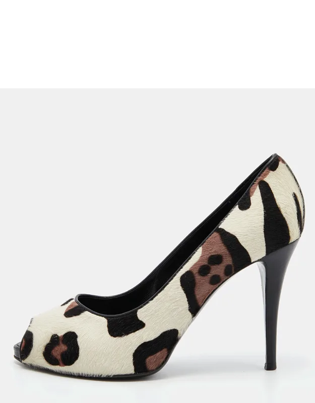 Tri Color Leopard Print Calf Hair Peep Toe Pumps