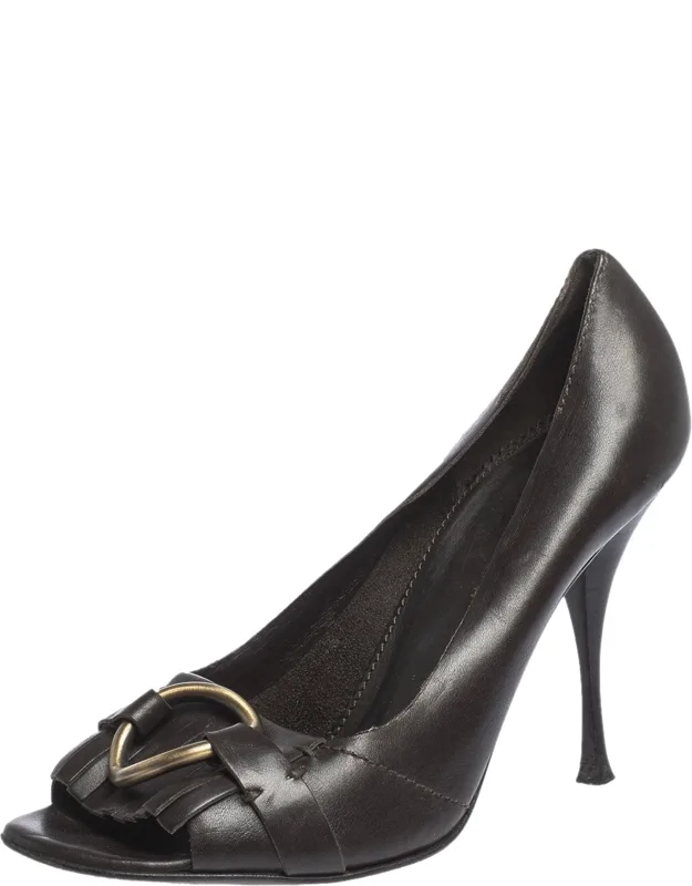 Leather Ring Buckle Fringe Peep Toe Pumps