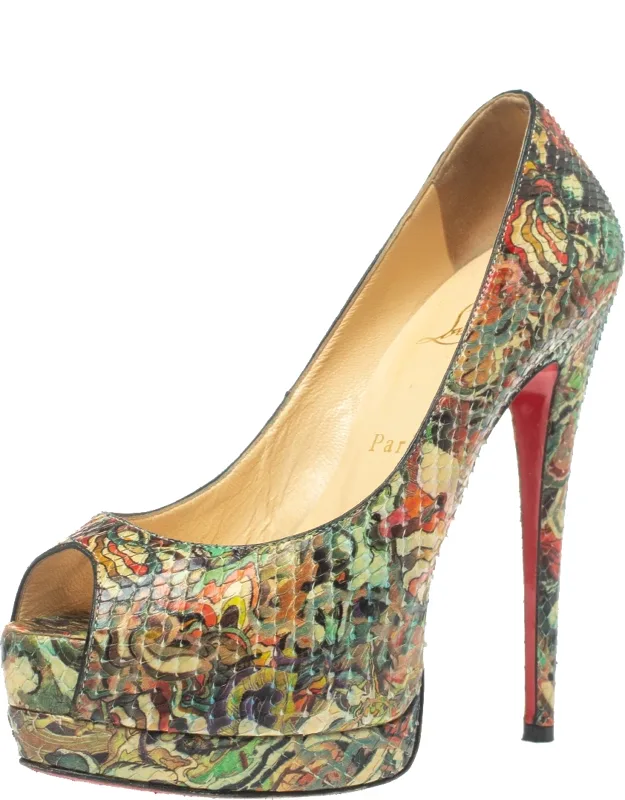 Multicolor Snakeskin Peep Toe Pumps