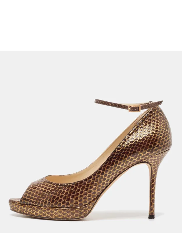 Python Leather Peep Toe Pumps