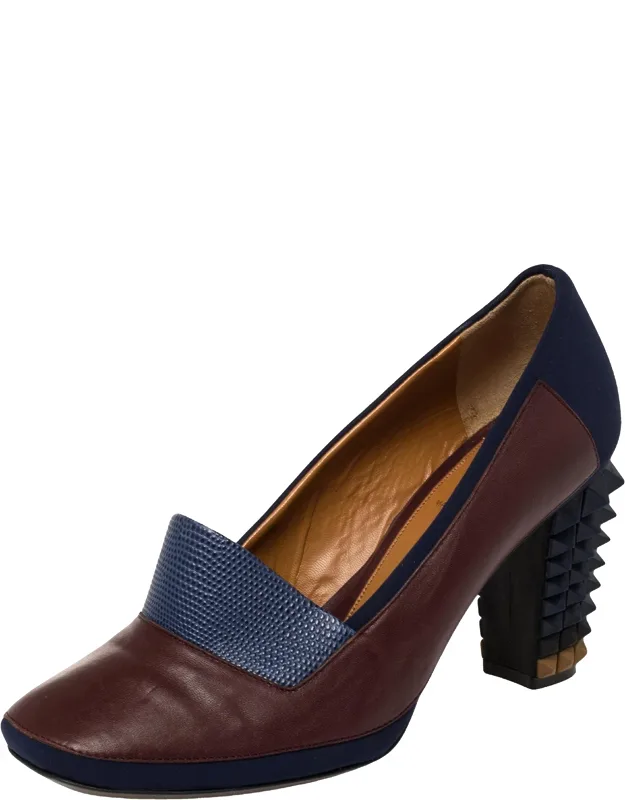 Lizard Embossed Leather And Fabric Court Studded Heel Pumps