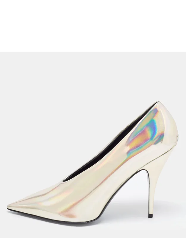 Iridescent Faux Patent Leather V Neck Pointed Toe Pumps