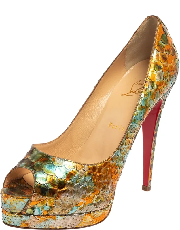 Multicolor Python Leather Peep Toe Pumps