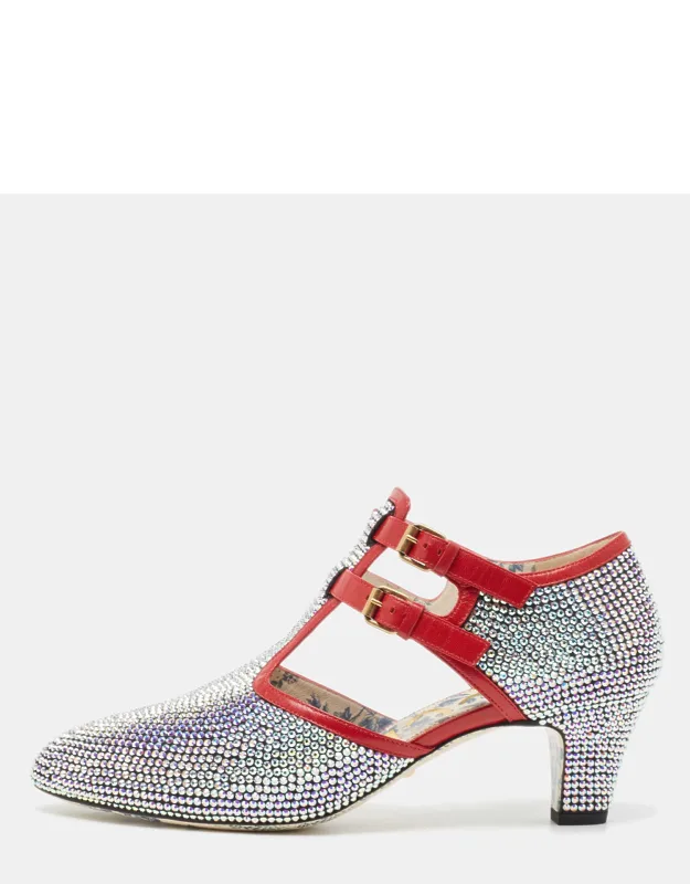 Metallic Crystal Embellished Fabric And Leather T-bar Pumps