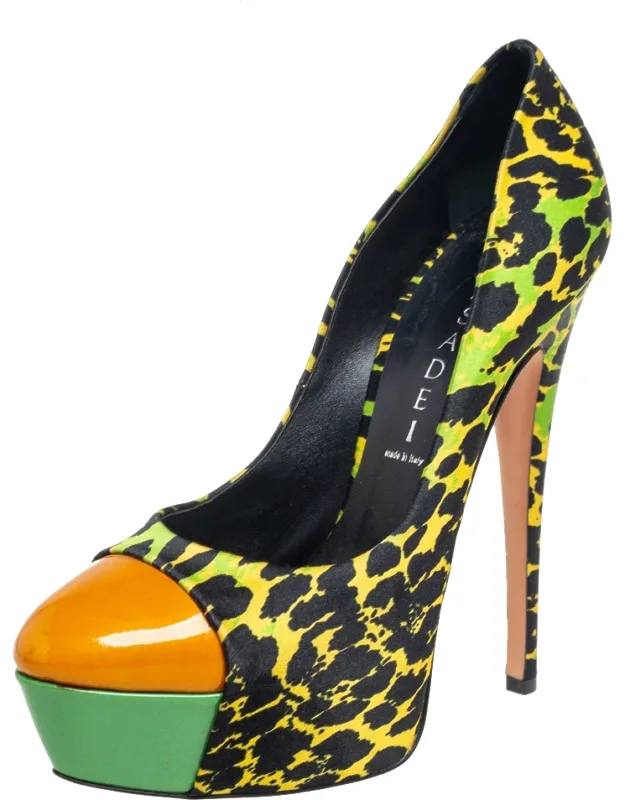 Multicolor Satin And Patent Leather Cap Toe Platform Pumps