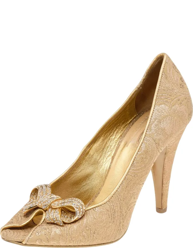 Gold Brocade Fabric Embellished Bow Peep Toe Pumps