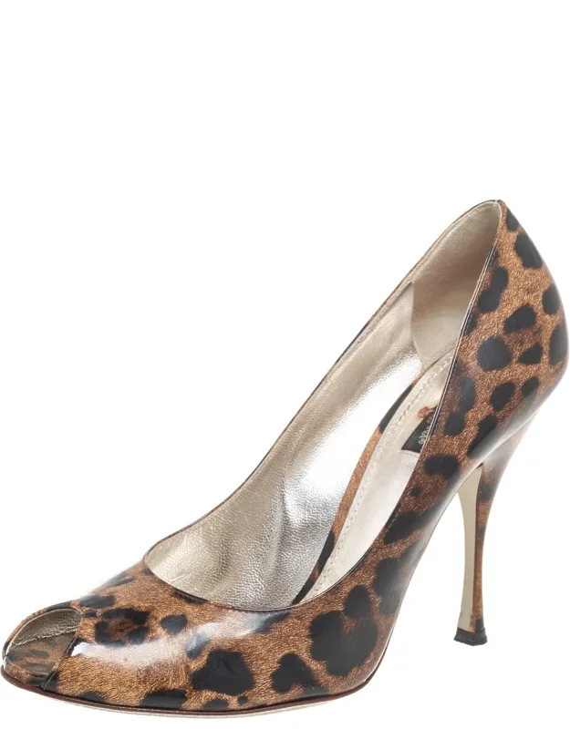 Leopard Print Leather Peep-toe Pumps