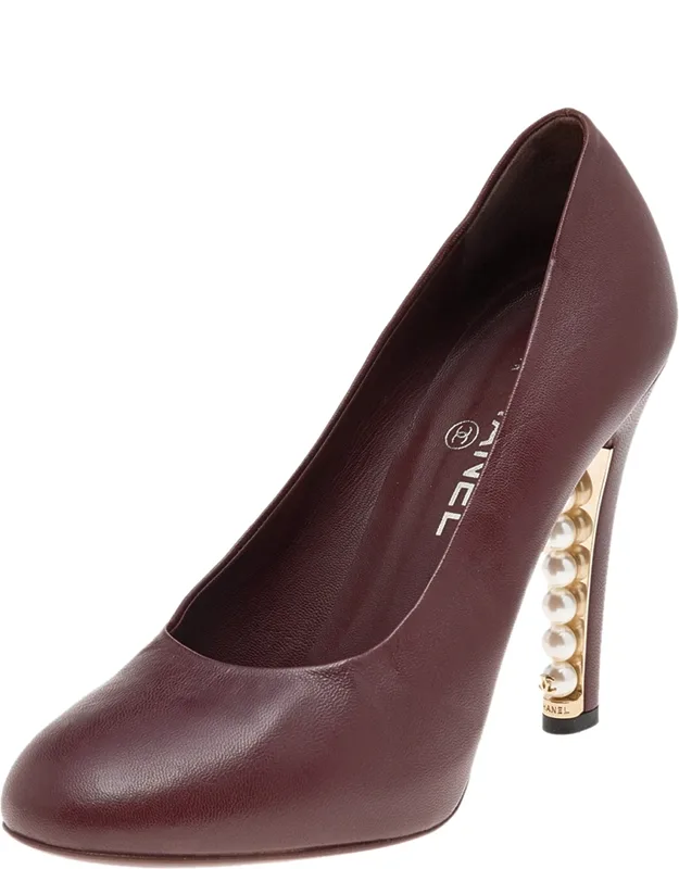 Leather Cc Pearl Embellished Heel Pumps