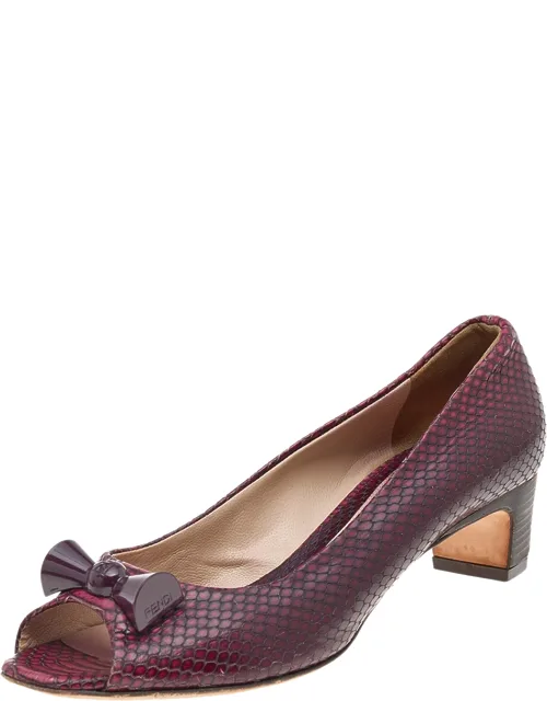 Two Tone Python Embossed Leather Peep Toe Block Heel Pumps