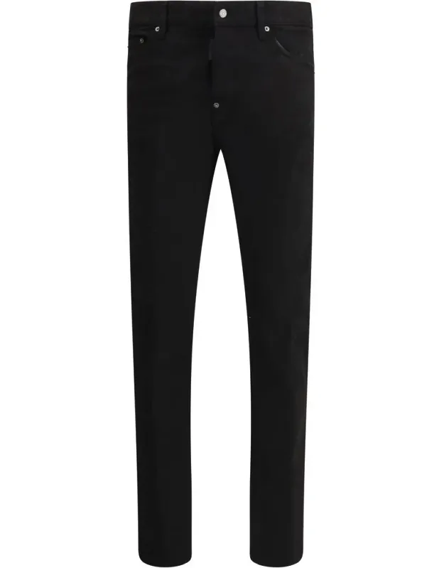 Black Cotton Denim Jeans With Belt Loops And Frontal Fastening