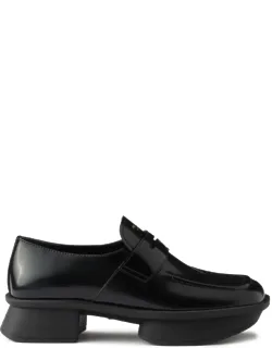 Leather Loafers With Patent Finish And Low Block Heel
