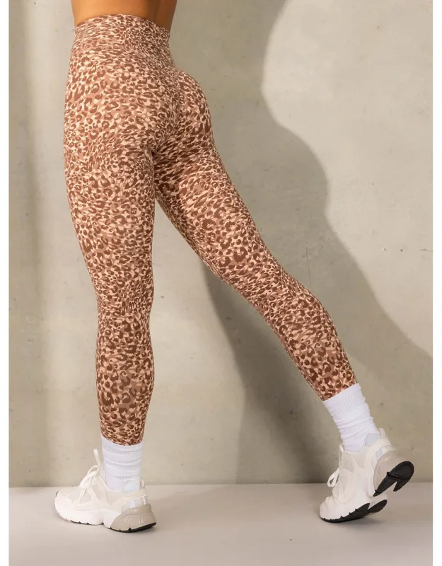 Empower High Waisted Leggings - Mocha Leopard, Foldover Waistband, Contoured Back Waistband