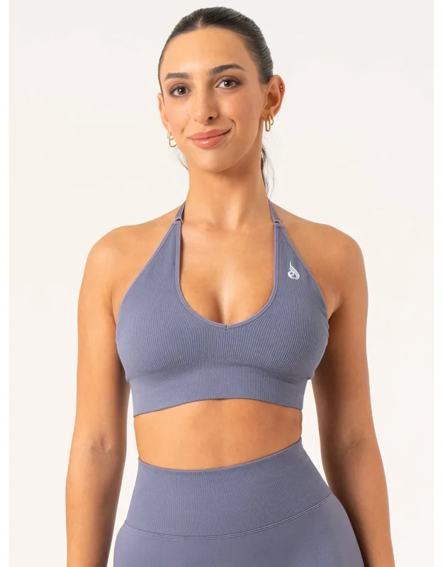 Lift Rib Seamless Halter Sports Bra - Adjustable Halter Strap, Flattering V-neck