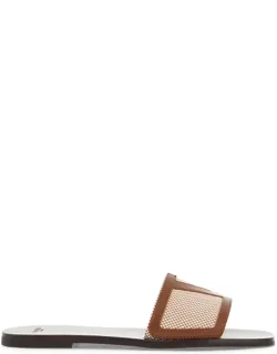 Slippers In Natural Fabric And Leather With Wide Check Pattern Strap