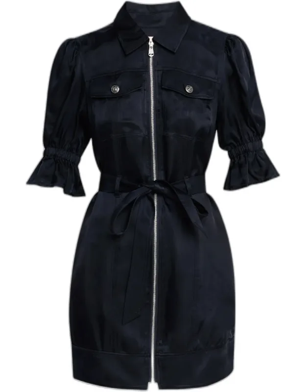 Puff-sleeve Zip-front Mini Dress