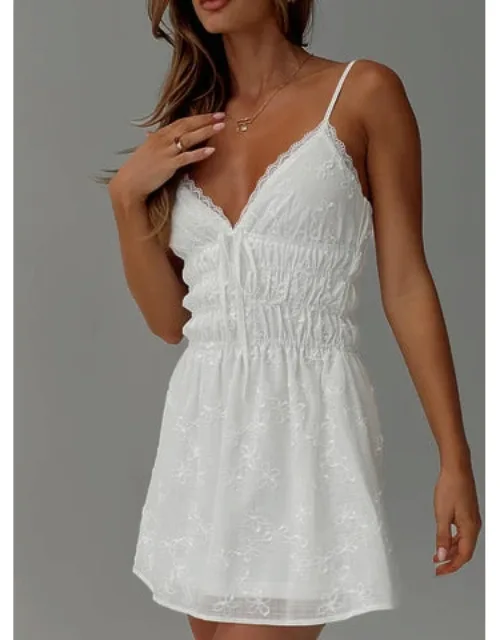 Stick Around Ruched Mini Dress With V-neckline And Lace Trim