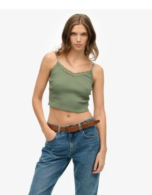 Superdry Athletic Essentials Lace Trim Cropped Cami Top With Ribbed Material And Adjustable Spaghetti Straps