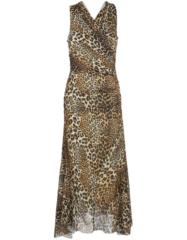 Long Dress With All-over Leopard Print And Asymmetric Hem In Tech Fabric