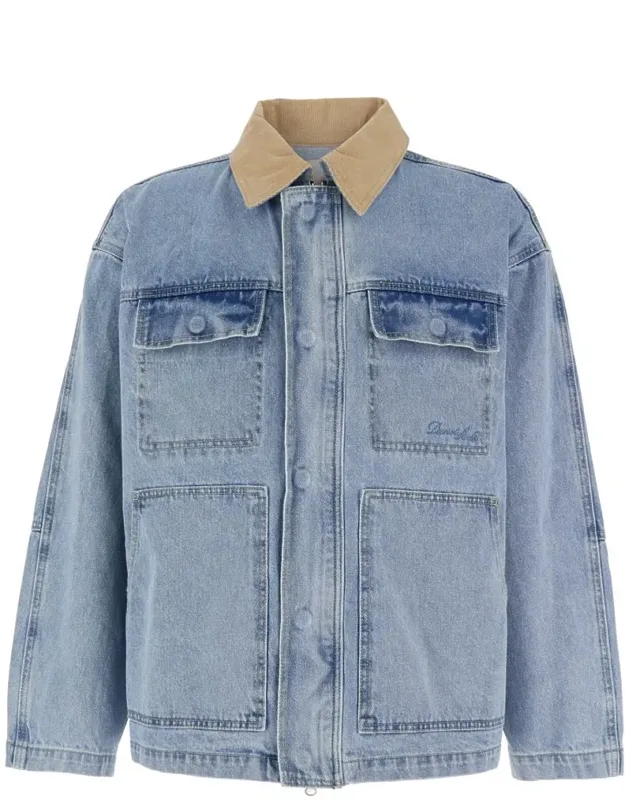 Light Blue Jacket With Contrast Collar And Patch Pockets In Cotton