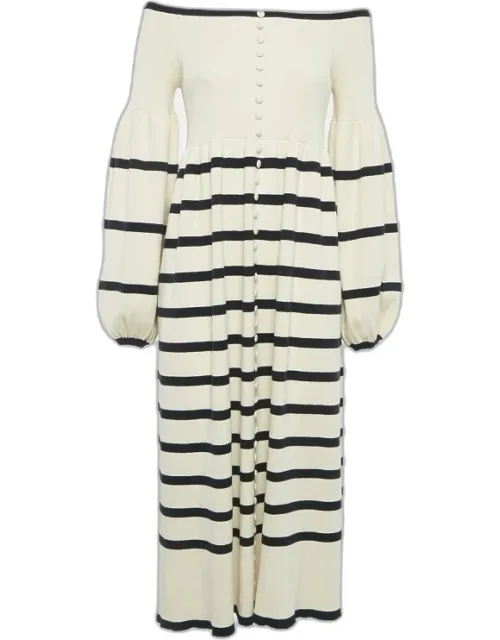 Off-white Rib Knit Stripe Off-shoulder Button Detail Flared Midi Dress