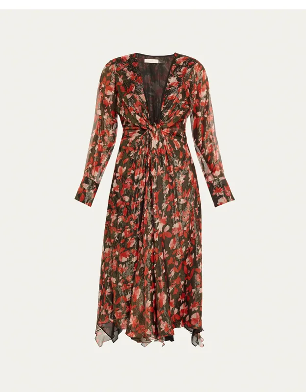 Tatia Plunging Long-sleeve Midi Dress