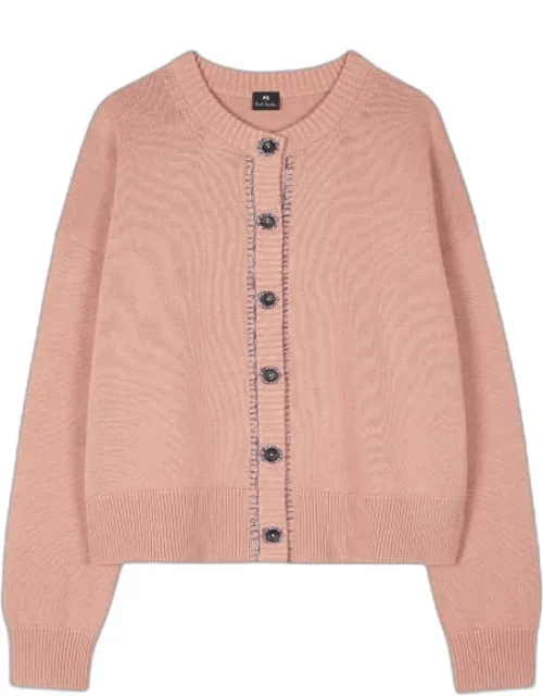 Light Pink Contrast-stitch Placket Knitted Merino-blend Cardigan