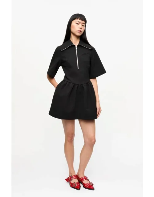 Ganni Black Bonded Crepe Mini Dress With Bold Heavy Silver Zipper And Playful Flouncy Skirt