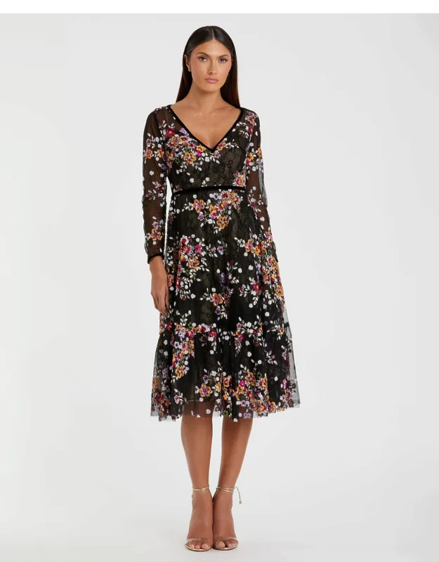 Floral Embroidered Tea Length Wedding Guest Dress