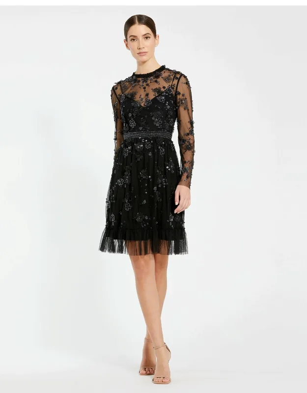 Sheer Long Sleeve Embellished Midi Dress