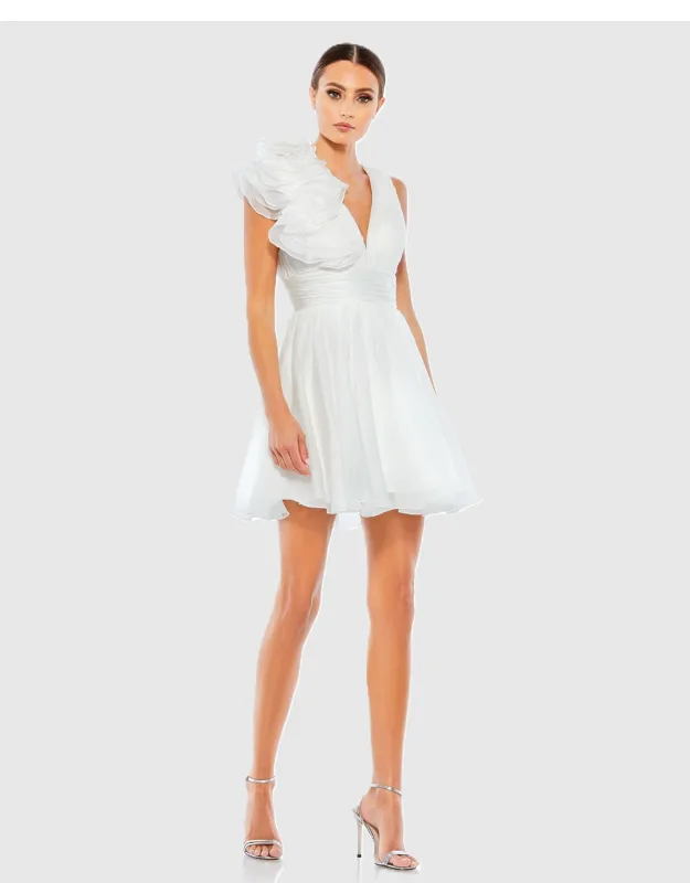 Ruffle Shoulder Empire Waist Deep V-neck Dress