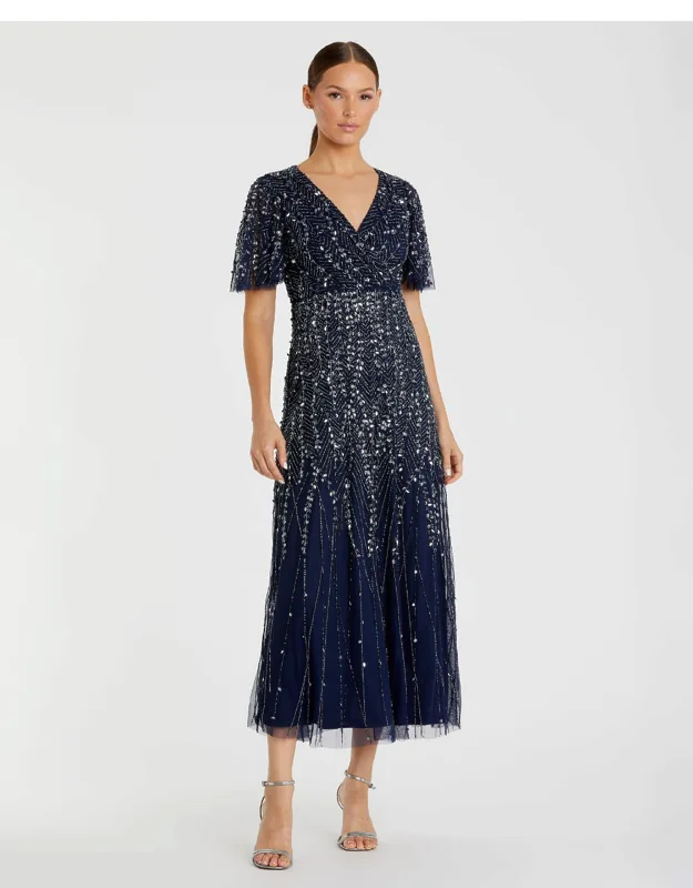 Navy Beaded Wrap Over Butterfly Sleeve Column Dress - Elegant Sophisticated Look
