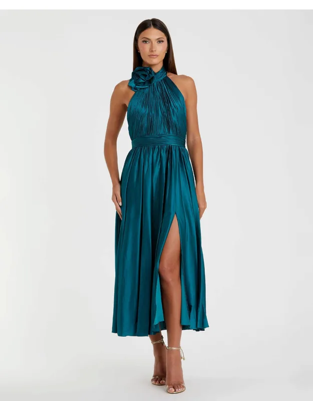 Pleated Charmeuse High Neck Sleeveless Wedding Guest Midi Dress
