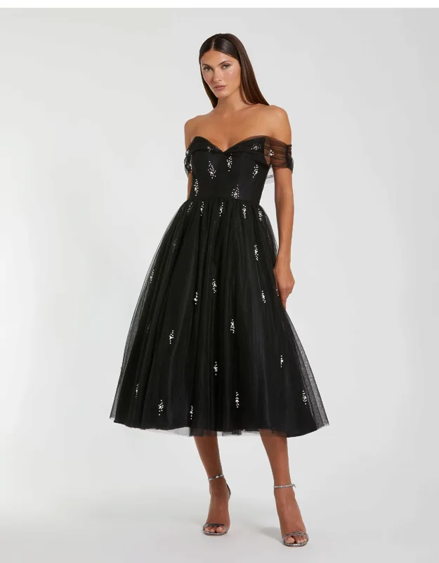 Off The Shoulder Embellished Tulle Cocktail Wedding Guest Dress