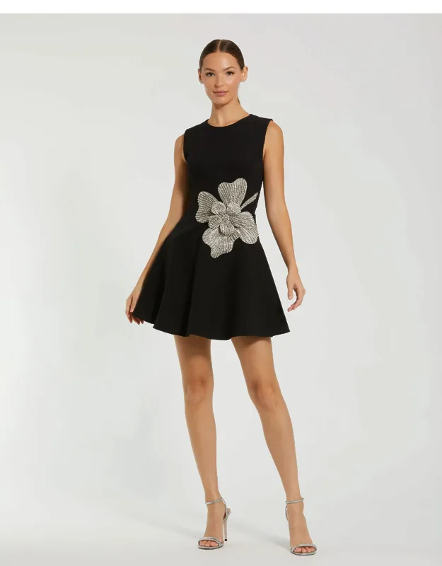 Crepe Sleeveless Mini Dress With Rhinestone Flower