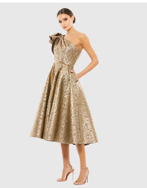 Mac Duggal Gold One Shoulder Bow Midi Dress With Functional Pockets And Fully Lined