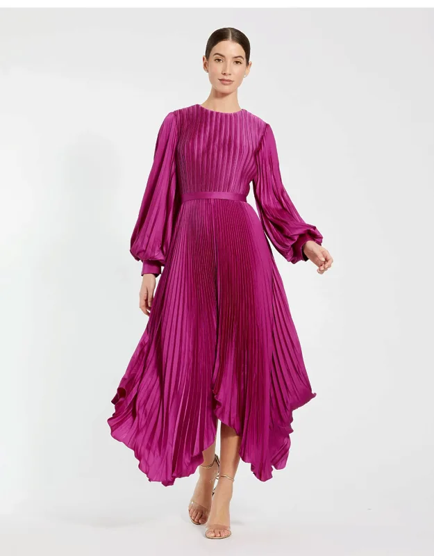 Long Sleeve Pleated Handkerchief Wedding Guest Dress